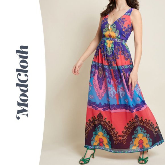 Modcloth Maxi Dress in Indigo Rainbow with Pockets - Picture 1 of 6